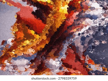 Dynamic abstract artwork featuring bold swirling brushstrokes in fiery reds, oranges, and deep blacks contrasted with cool blues and grays.