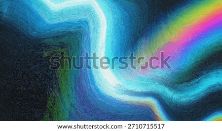 Dynamic abstract artwork featuring textured brushstrokes in cool blues and greens, with a vivid rainbow streak. Modern digital painting background.