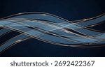 A dynamic abstract background featuring flowing blue waves intertwined with delicate golden lines, set against a deep navy backdrop.