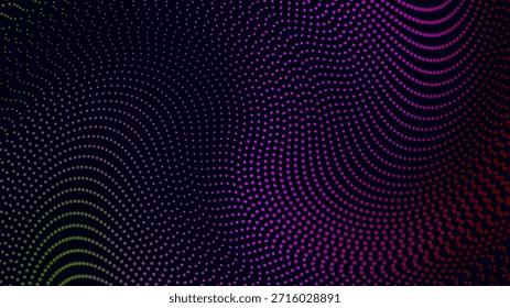 Dynamic abstract background featuring undulating waves of gradient halftone dots in neon magenta, green, and red against a dark backdrop. Ideal for technology, music, or futuristic design themes.