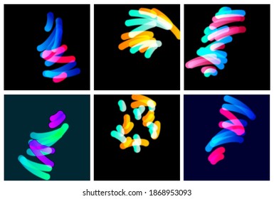 dynamic abstract background with wave flow shapes in bright and neon colors shades on black texture. Futuristic modern curve. Digital motion.