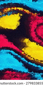 A dynamic abstract composition featuring bold swirling patterns in vivid blues, reds, yellows, and blacks for a striking visual impact.
