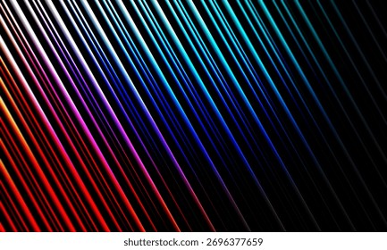 A dynamic and abstract composition featuring diagonal lines of light that transition through a spectrum of rainbow colors against a dark, contrasting background.