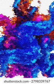 A dynamic abstract composition featuring geometric shapes and vivid splashes of blue, pink, purple, and orange hues on a white background.