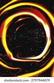 Dynamic abstract composition featuring glowing orange, yellow, and red neon light trails forming circular spiral patterns against a dark textured background. The image combines long-exposure light painting aesthetics with distressed grunge overlays, creating an energetic and futuristic visual suitable for posters, digital artwork, technology themes, and creative backgrounds.