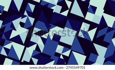 A dynamic abstract composition featuring overlapping navy, light blue, and mint green squares and triangles in a dense geometric layout with angular shapes and varied tones.