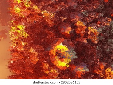 Dynamic abstract composition featuring swirling metallic and organic textures in fiery reds, oranges, and yellows with deep shadows.