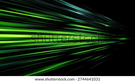 Dynamic, abstract composition featuring vivid green light streaks emanating from a central point against a black backdrop, creating a sense of motion