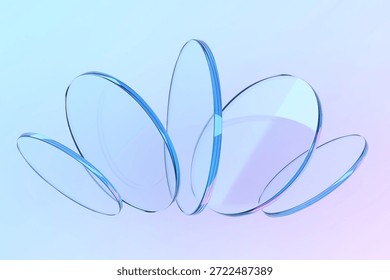 Dynamic abstract composition of floating glass circles on gradient background. 3d render.