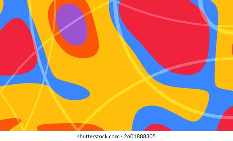 Dynamic abstract design featuring bold geometric patterns with striking red, blue, yellow, and purple hues, evoking creativity and energy.