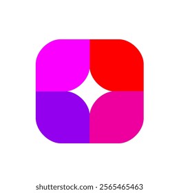A dynamic abstract design featuring a geometric square with rounded edges, divided into four bold segments of pink, red, and purple hues, surrounding a central white star.