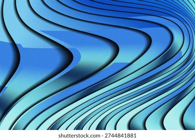 A dynamic abstract digital artwork featuring a rhythmic series of flowing, wave-like layers in various shades of cerulean, turquoise, and electric blue. The composition utilizes sharp outlines and soft shadows to create a multi-dimensional, stepped effect, reminiscent of topographical maps or liquid motion. A fine, sophisticated grainy texture permeates the design, adding a tactile and modern aesthetic. Perfect for high-tech architectural backgrounds, innovative UI landing pages, corporate branding, and contemporary digital art installations.