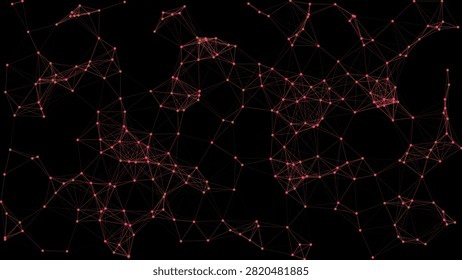 Dynamic abstract digital network plexus with glowing pink and orange nodes connected by lines on a dark background. Represents data, technology, AI, communication, and complex systems.