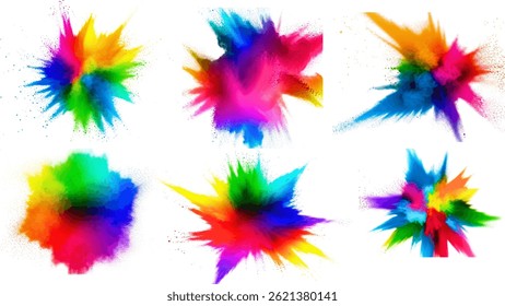Dynamic abstract explosion of vibrant colored powder on a white background. A burst of energy and color, perfect for backgrounds, design elements, and conveying excitement