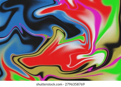 Dynamic abstract fluid art with flowing waves of intense blue, red, pink, green and yellow colors creating powerful visual energy and movement. Ideal for creative projects
