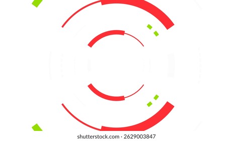 A dynamic abstract graphic featuring concentric circles and shapes in red and white against a black background