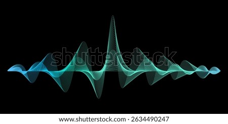Dynamic and abstract green, blue wireframe sound waves, visualization of equalizer frequency signals audio wavelengths, conceptual futuristic technology. Waveform in black background. Sound Element