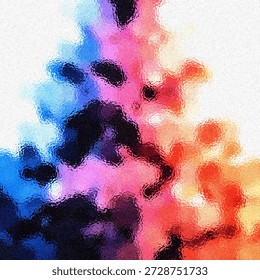 A dynamic abstract image featuring bold splashes of red, blue, purple, and orange on a white background.