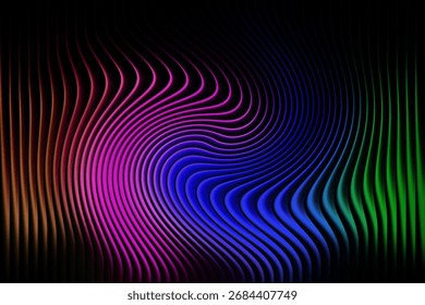 A dynamic abstract image featuring swirling lines that form a vortex, illuminated by a rich rainbow gradient against a black canvas, suggesting motion, creativity, and a psychedelic experience.