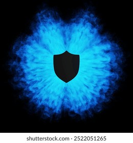A dynamic, abstract shield surrounded by a swirling, explosive cloud of blue energy. Perfect for adding a sense of power, protection, and invincibility to your designs. 3D render