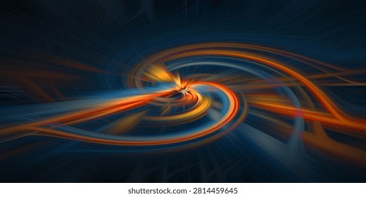 Dynamic abstract vortex featuring swirling light trails in shades of orange and blue. Intense energy effect creates sense of movement and futuristic space travel concept backdrop.