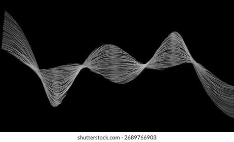 A dynamic abstract waveform of white flowing lines against a stark black background, suggesting movement and energy.