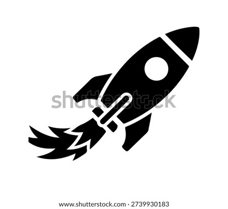 Dynamic black vector graphic of a rocket blasting off with fiery exhaust trails, symbolizing innovation, startups, and rapid advancement. Great for business and tech concepts.
