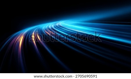Dynamic blue and orange light trails curve on black, symbolizing high speed and futuristic technology. This abstract graphic represents data flow and rapid progress.