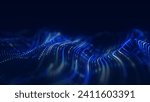 Dynamic blue wave of particles. Abstract futuristic background. Big data visualization. 3D rendering.