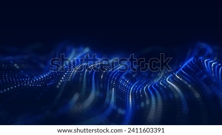 Dynamic blue wave of particles. Abstract futuristic background. Big data visualization. 3D rendering.