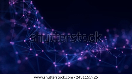 Dynamic blue wave of particles and lines. Abstract futuristic background. Big data visualization. 3D rendering.