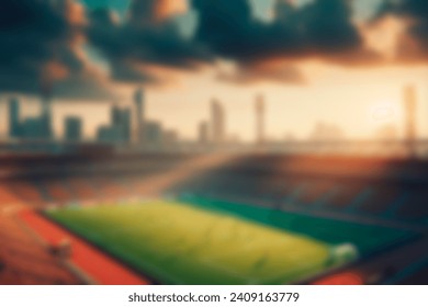 A dynamic blurred backdrop featuring a bustling football stadium, with a vibrant pitch, roaring crowds in the stands, and the excitement of a championship match. 