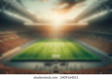 A dynamic blurred backdrop featuring a bustling football stadium, with a vibrant pitch, roaring crowds in the stands, and the excitement of a championship match. 