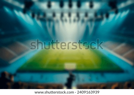 A dynamic blurred backdrop featuring a bustling football stadium, with a vibrant pitch, roaring crowds in the stands, and the excitement of a championship match. 