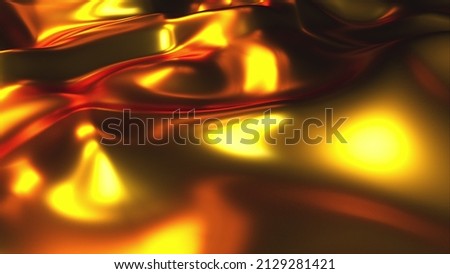 Dynamic bursts with 3d render with bright gradient and glow. Wavy textures on luxurious surface with golden highlights. Futuristic sea at dazzling blurred sunset.