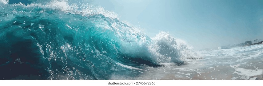 A dynamic close-up of a large ocean wave in motion, showcasing its vibrant turquoise hues and frothy white crest against a soft blue sky.