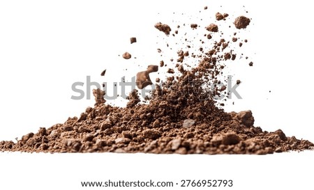 A dynamic composition of soil particles in mid-air, showcasing earthy tones and granular texture against a clean white backdrop. Perfect for agricultural or environmental themes.