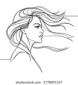 A dynamic continuous line art portrait of a woman looking to the side with long hair blowing horizontally, minimalist style.