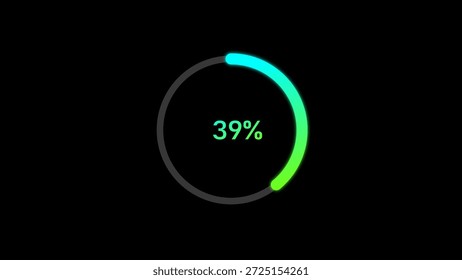 A dynamic cyan color circle loading illustration, and loading to completed 1 to 39% illustration. on a black background. and creating a stunning 4k illustration.