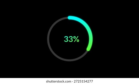 A dynamic cyan color circle loading illustration, and loading to completed 1 to 33% illustration. on a black background. and creating a stunning 4k illustration.