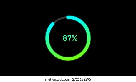 A dynamic cyan color circle loading illustration, and loading to completed 1 to 87% illustration. on a black background. and creating a stunning 4k illustration.