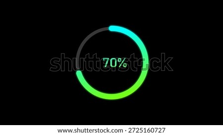 A dynamic cyan color circle loading illustration, and loading to completed 1 to 70% illustration. on a black background. and creating a stunning 4k illustration.