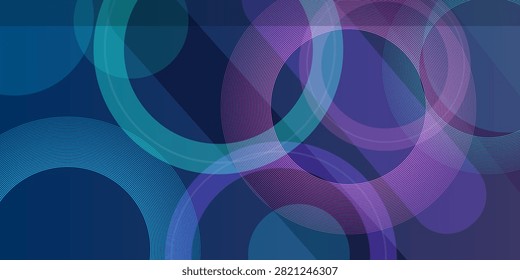 Dynamic digital artwork displaying overlapping circular shapes decorated with fine concentric lines creates modern geometric wallpaper design vibrant colorful composition backdrop.
