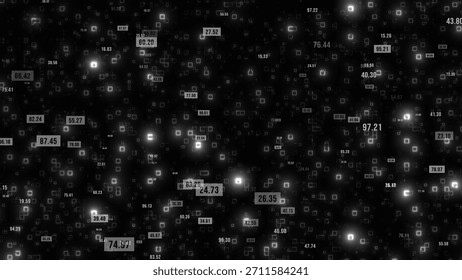 A dynamic digital landscape featuring a grid of glowing numerical values scattered across a dark background. the numbers are enclosed in squares, floating randomly, symbolizing data.