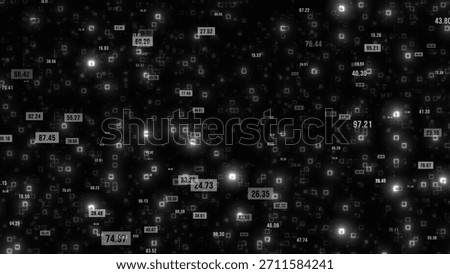 A dynamic digital landscape featuring a grid of glowing numerical values scattered across a dark background. the numbers are enclosed in squares, floating randomly, symbolizing data.
