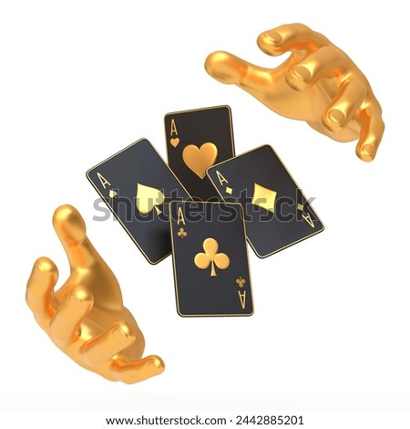 A dynamic display of two golden hands tossing four aces in the air, suggesting luck and mastery in a game of poker, isolated on a white background. 3D render illustration