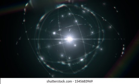 Dynamic Energetic Green Silver Atom Model Concept Illustration Of Glowing Proton Neutron Nucleus, Visualization Of Atom Space Physics Of Centric Gravity And Electrons Orbiting As Ordered Real Particle