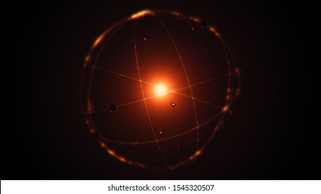 Dynamic Energetic Orange Gold Atom Model Concept Illustration Of Glowing Proton Neutron Nucleus, Visualization Of Atom Space Physics Of Centric Gravity And Electrons Orbiting As Ordered Real Particles