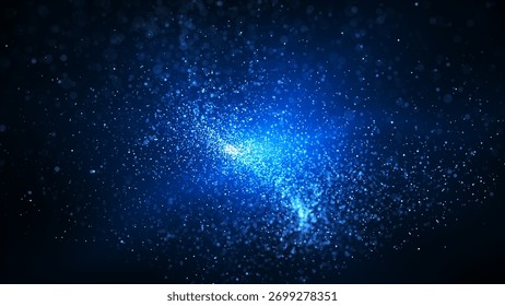 A dynamic explosion of shimmering blue particles radiates across a dark background, creating a mesmerizing and magical visual effect with a sense of depth.
