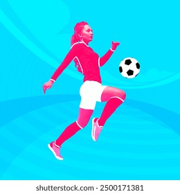 Dynamic female soccer player in action, against vibrant, abstract background. Bold, high-contrast pop art style. Contemporary art collage. Concept of sport, competition, games, tournament - Powered by Shutterstock